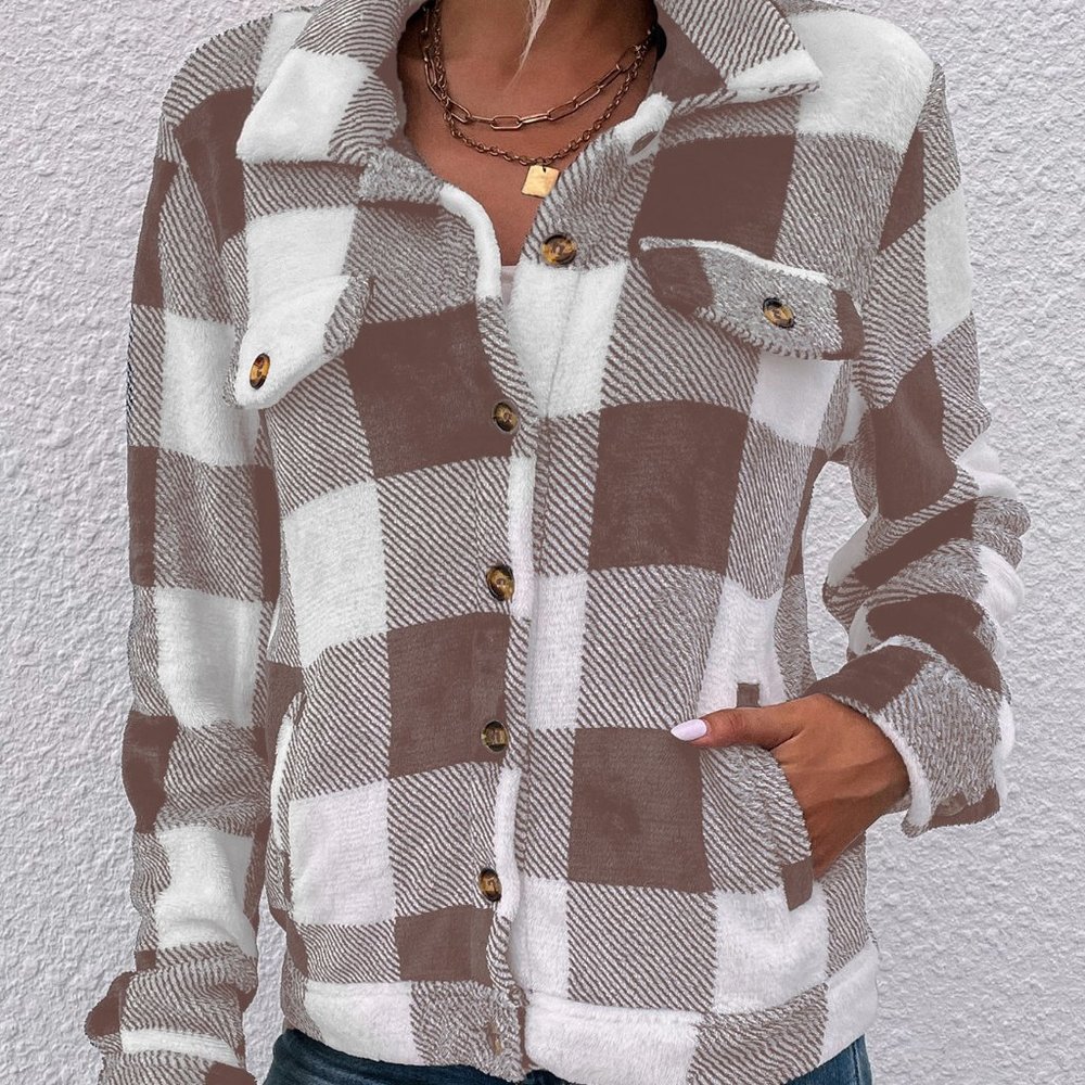 AESTHETIC TAN PLAID PATTERN POCKETED TEDDY JACKET - Picture 5 of 5